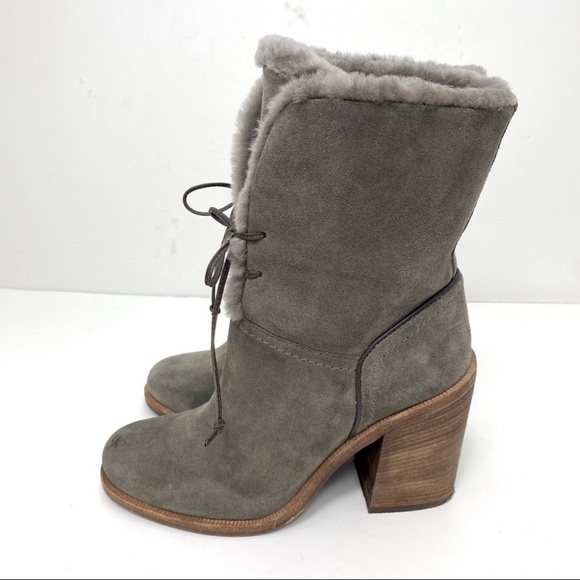Ugg Jerene Suede Sheepskin Lined Block Heel Boot in Gray S/N 1019692 - Picture 7 of 12